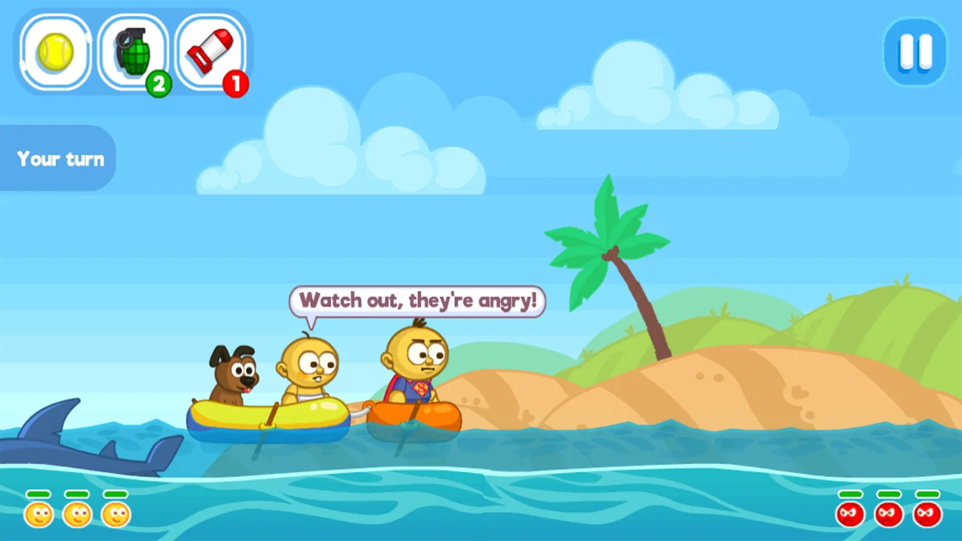 Raft Wars battle showing shot arcs, enemy rafts, and knockback on the water