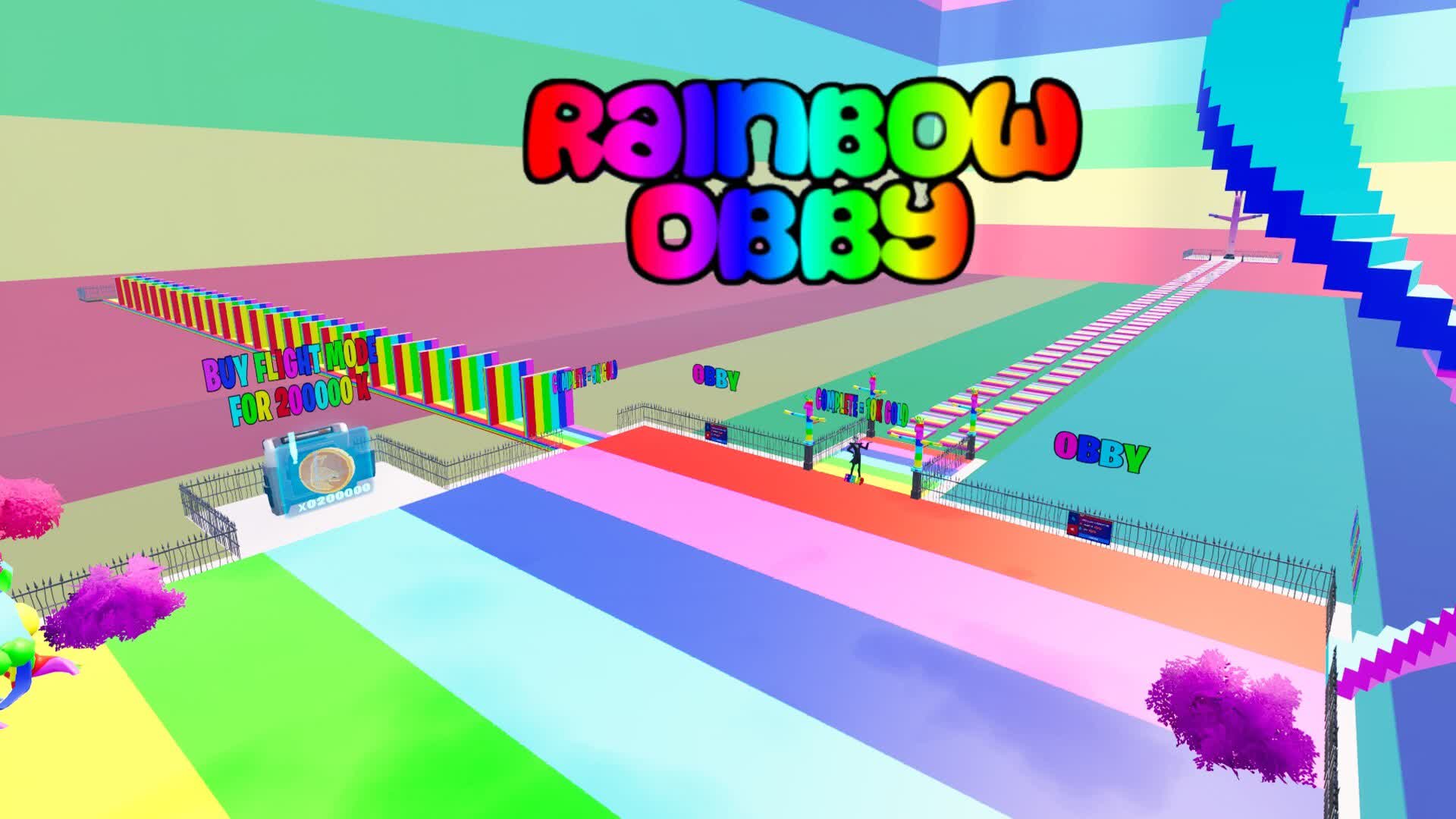 Rainbow Obby player jumping between colourful platforms high in the sky