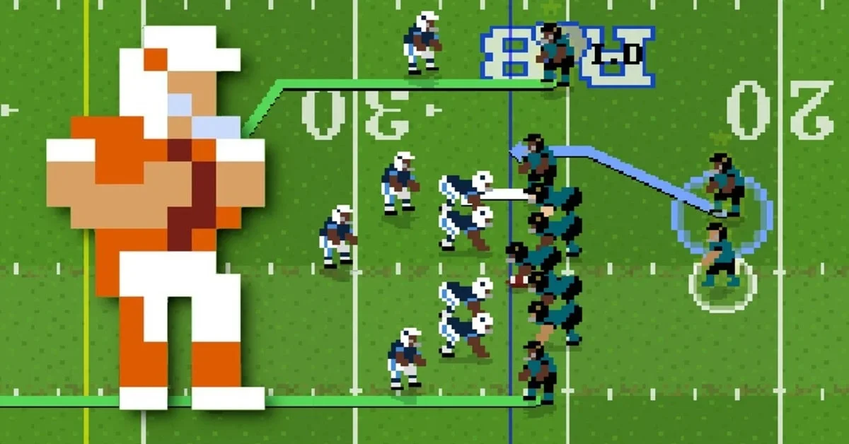Retro Bowl franchise view and game action highlighting roster management and offensive control