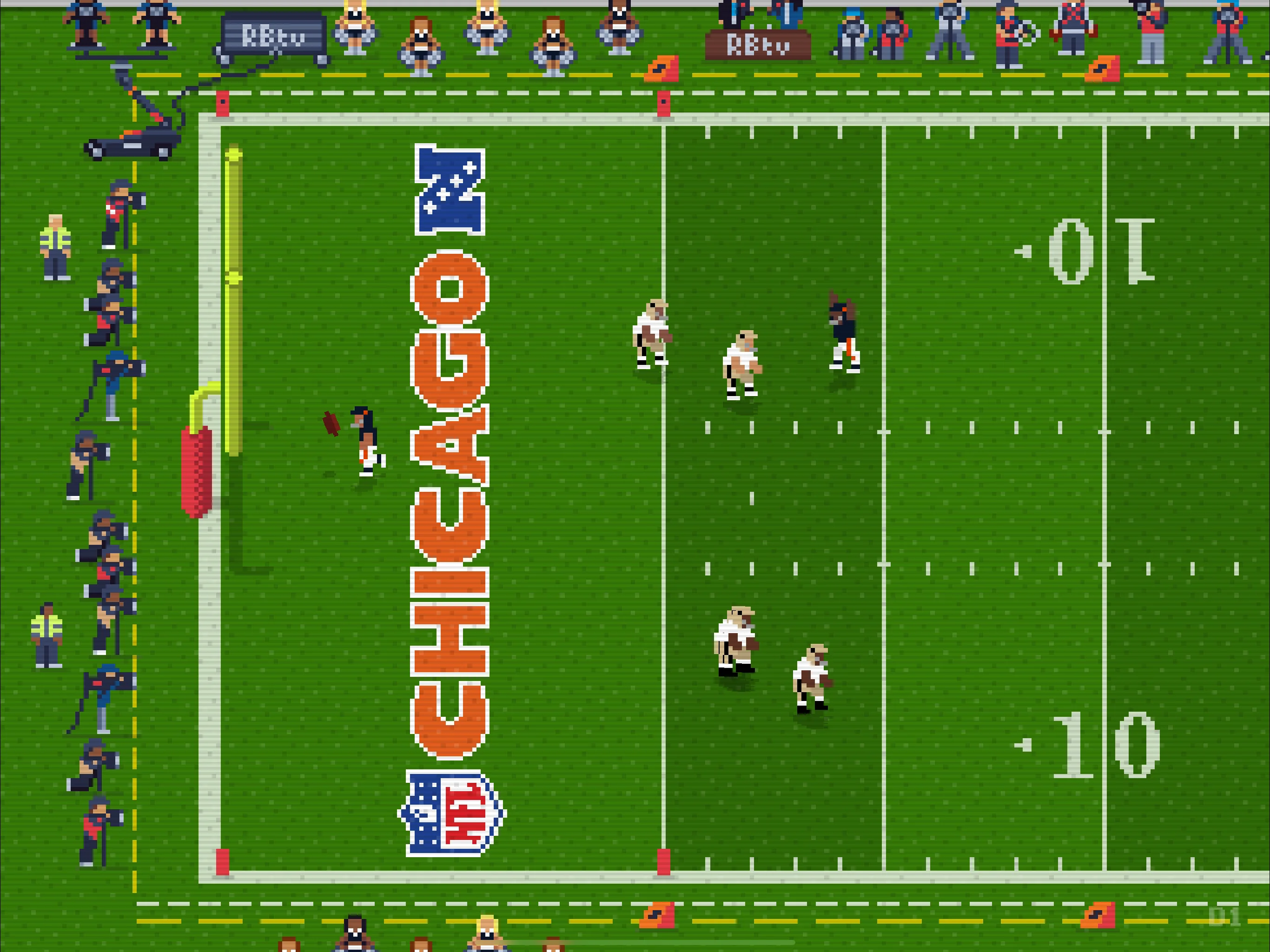 Retro Bowl offensive drive with pixel players, open receivers, and classic football presentation