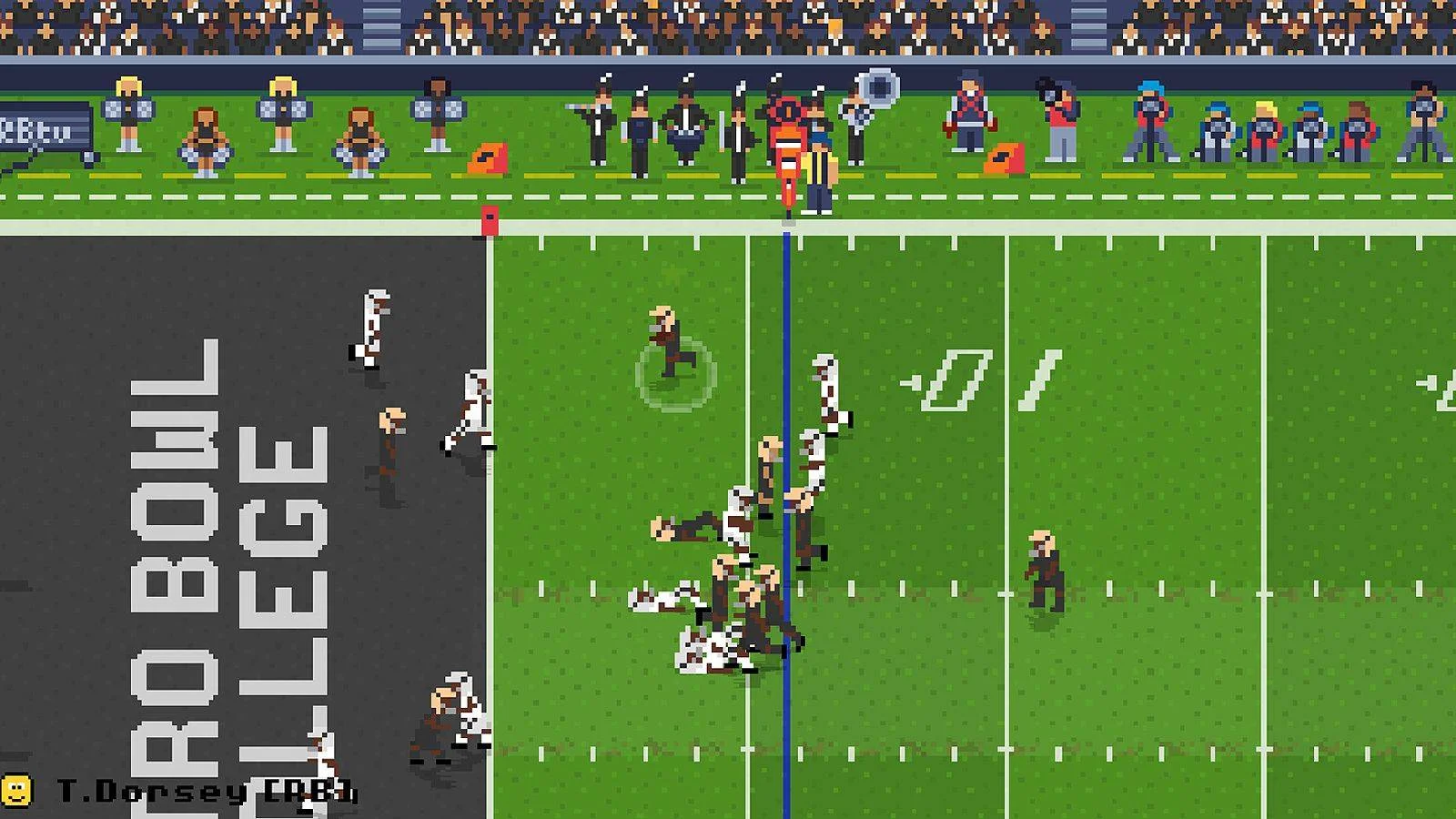 Retro Bowl College game action with college football atmosphere and retro pixel presentation