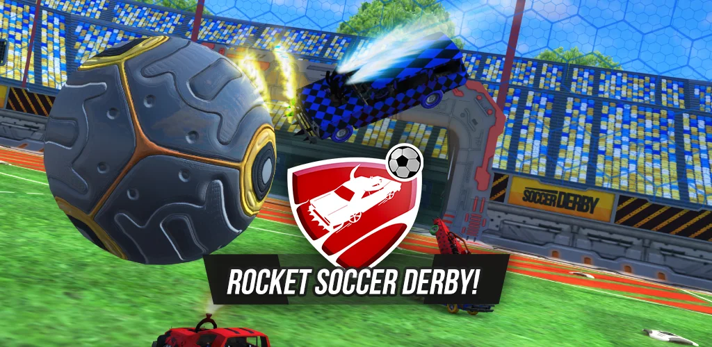 Rocket Soccer Derby player lining up a powerful shot with a turbo car in a 3D stadium