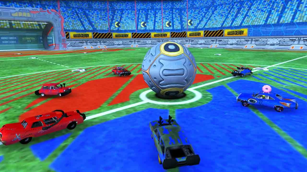 Rocket Soccer Derby arena match with turbo cars contesting the ball near goal