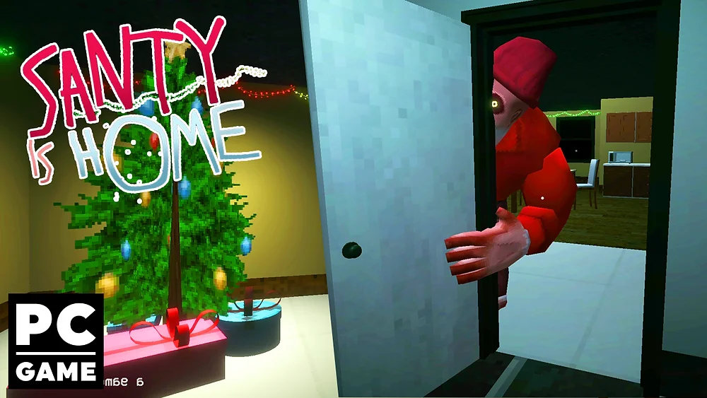 Santy Is Home interior scene with stealth movement and tense horror atmosphere