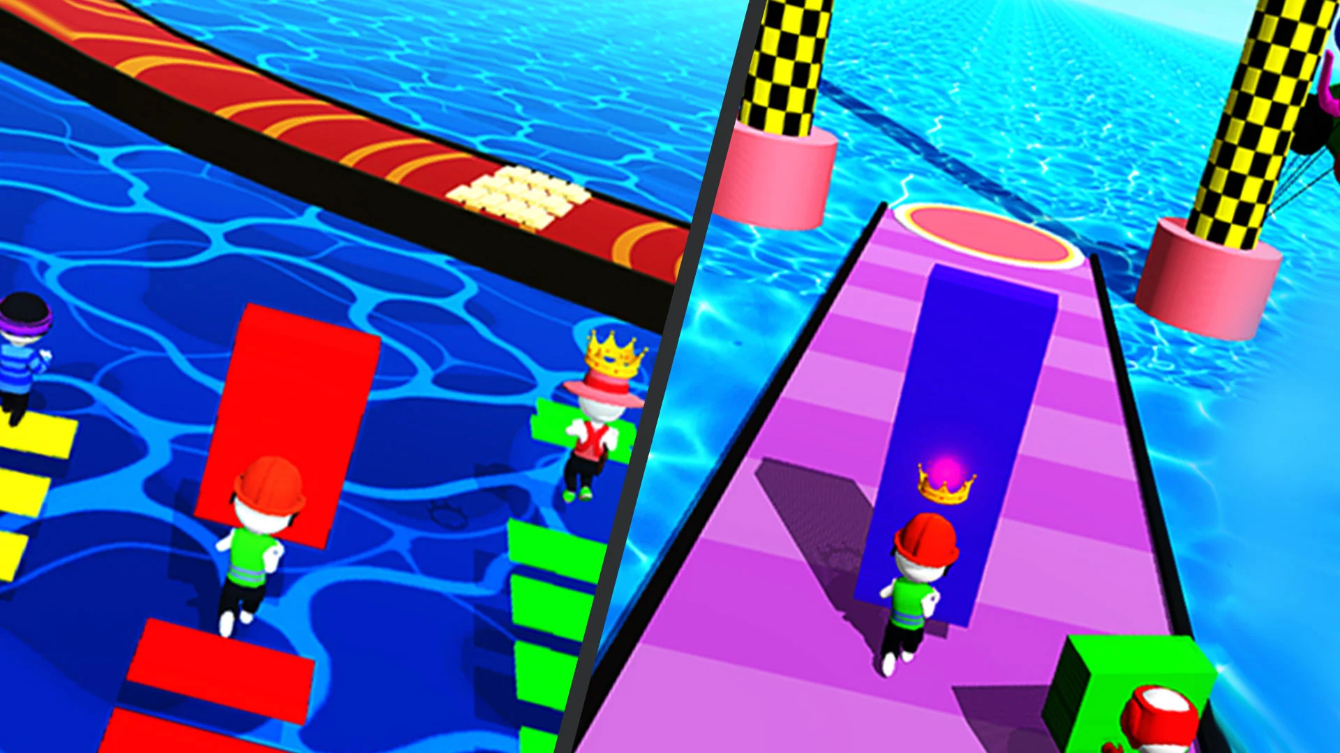 Shortcut Race mid-race bridge shortcut built from collected planks across water