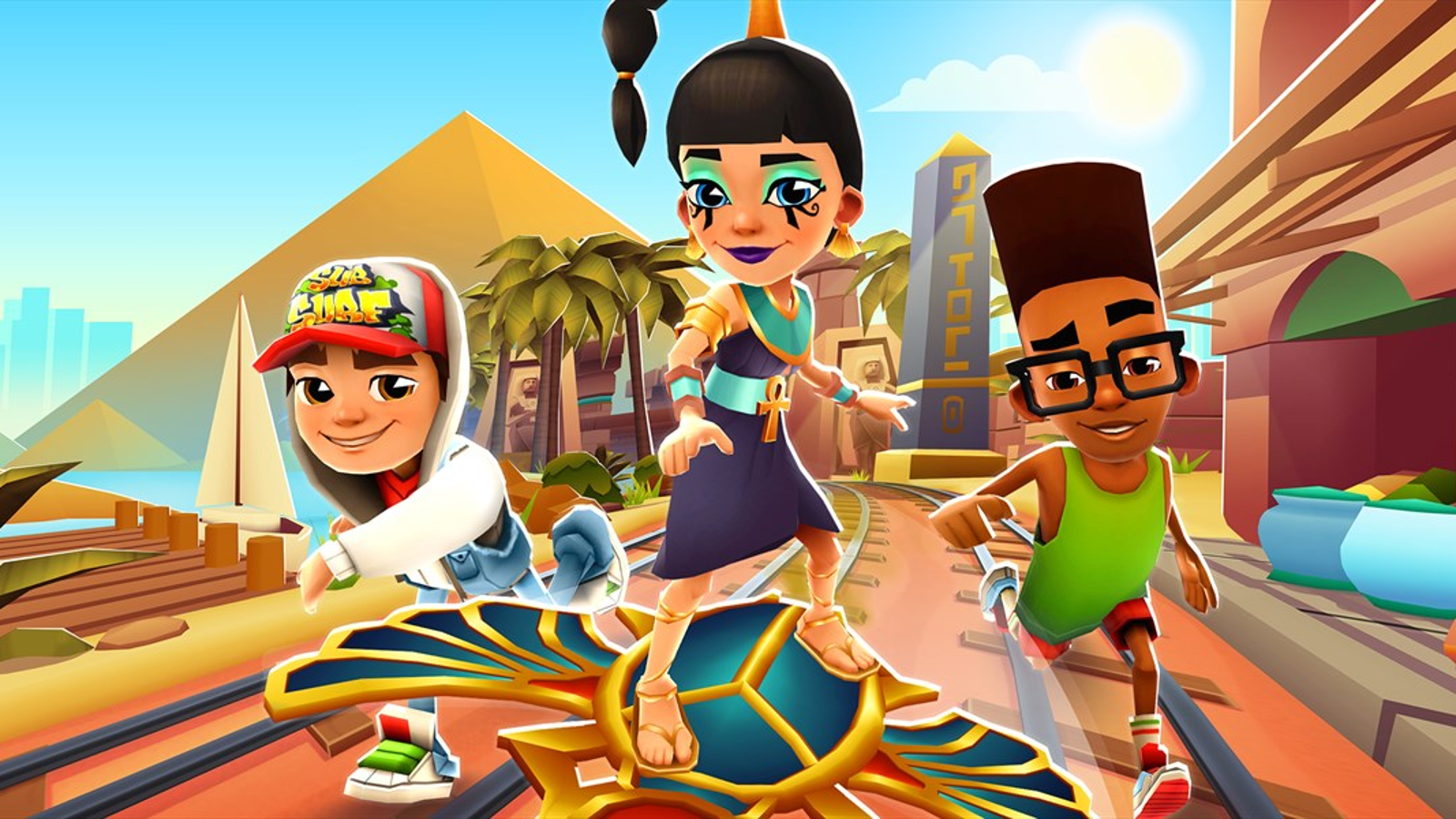 Subway Surfers character collecting coins and power-ups on crowded tracks