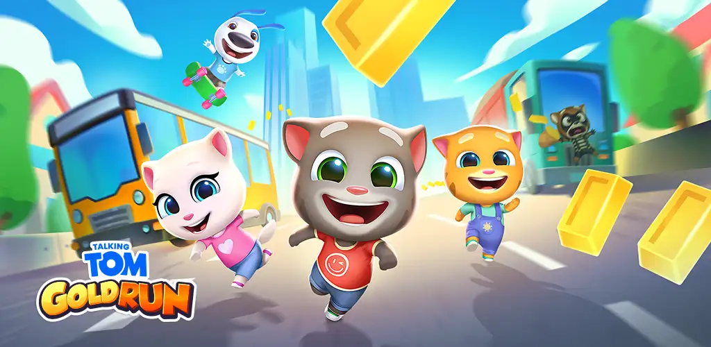 Talking Tom Gold Run Tom running between lanes collecting gold bars