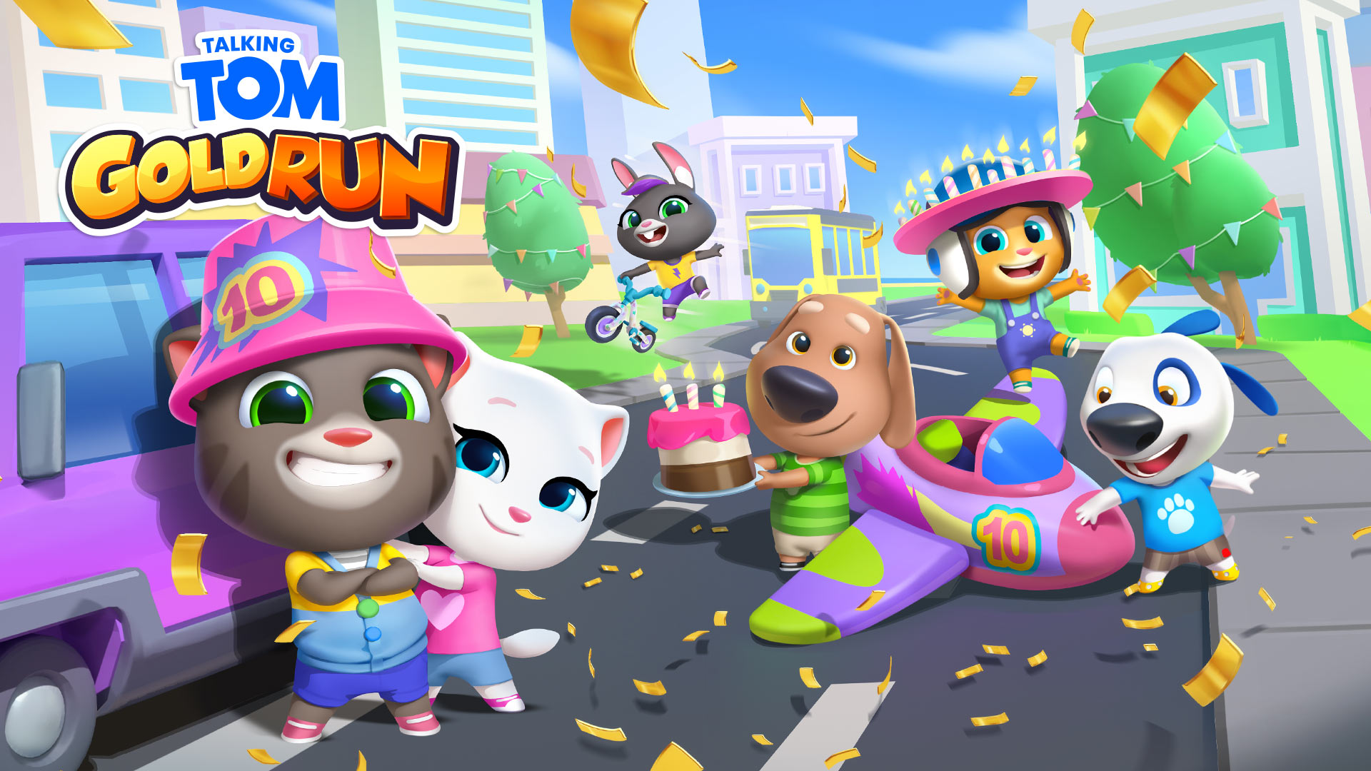 Talking Tom Gold Run Tom jumping over a barrier while chasing the Raccoon