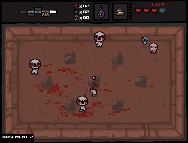 The Binding of Isaac dungeon run with enemy waves and item synergy potential