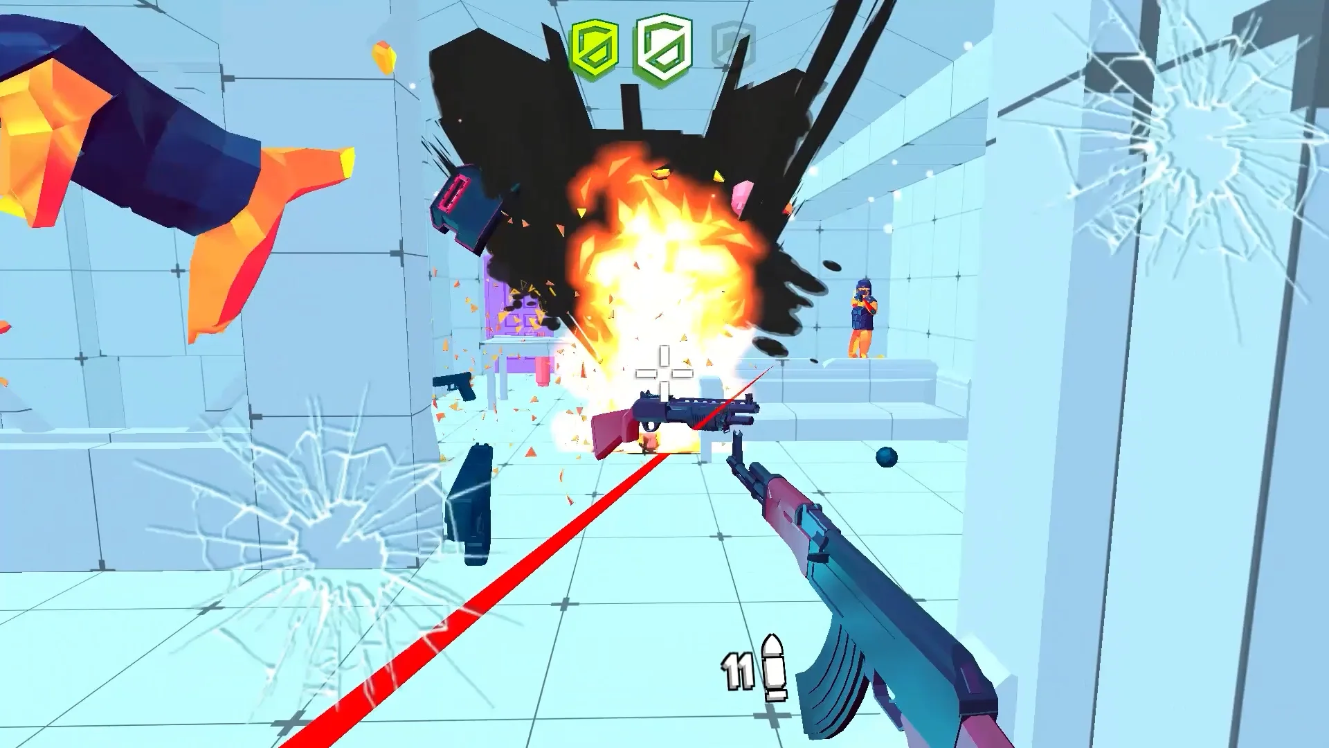 Time Shooter 3 player clearing a room through controlled target sequencing