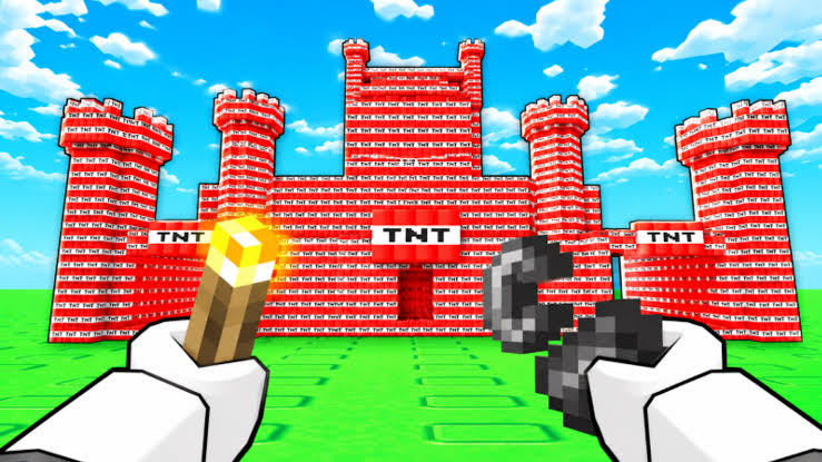 TNT Sandbox voxel tower and pyramid collapsing after an explosion