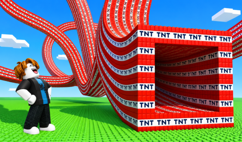 TNT Sandbox brick house blown apart into flying voxel blocks